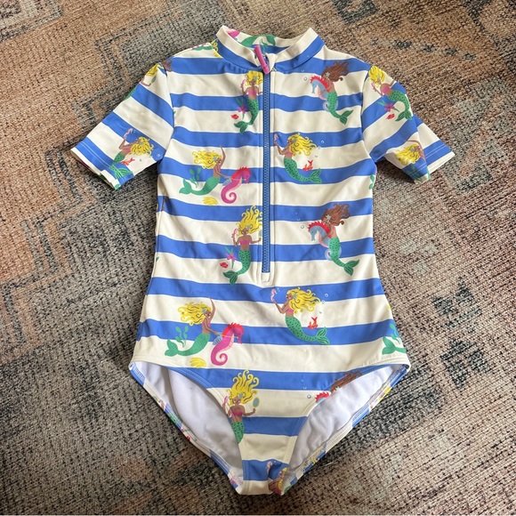 Girls Mini Boden Blue and White Striped Mermaid Bathing Suit sz 9-10Y - Picture 3 of 5